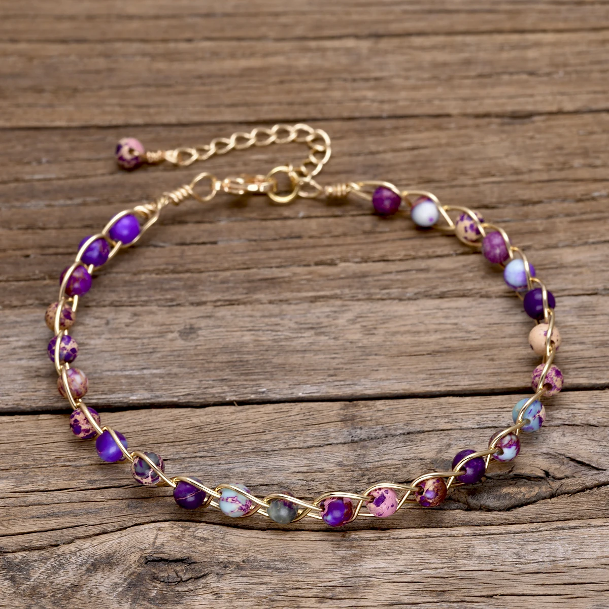 Boho layered stone bracelets in earthy tones