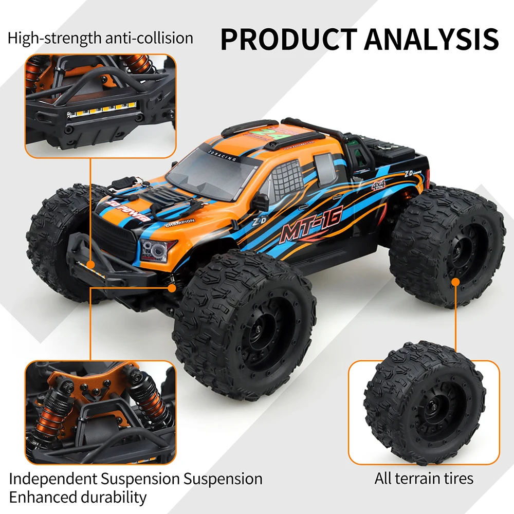 ZD Racing MT-16 RC Car 1:16 4WD 2.4GHZ 4CH Remote Control Off-Road Car 2845 Brushless 3600KV Motor 80Km/h for Kids Adults