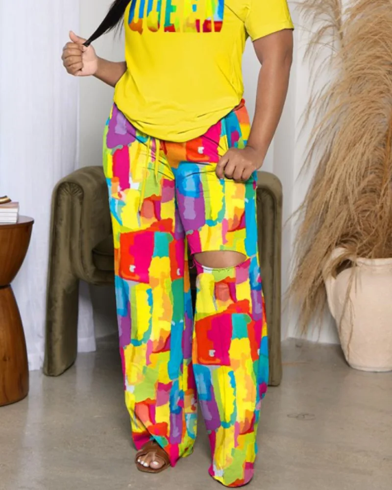 Women Casual Short-sleeved Tshirt Hole Wide Leg Pants Suit 2023 Summer New Fashion Printing Two Piece Set Women Outfit Tracksuit