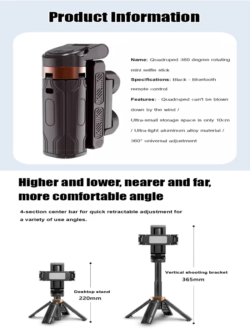 Selfie Stick Quadruped 360 Degree Rotating Mini Selfie Stick Travel Portable Bluetooth Selfie Stick Tripod Anti-Shake Bracket Foldable Vlog