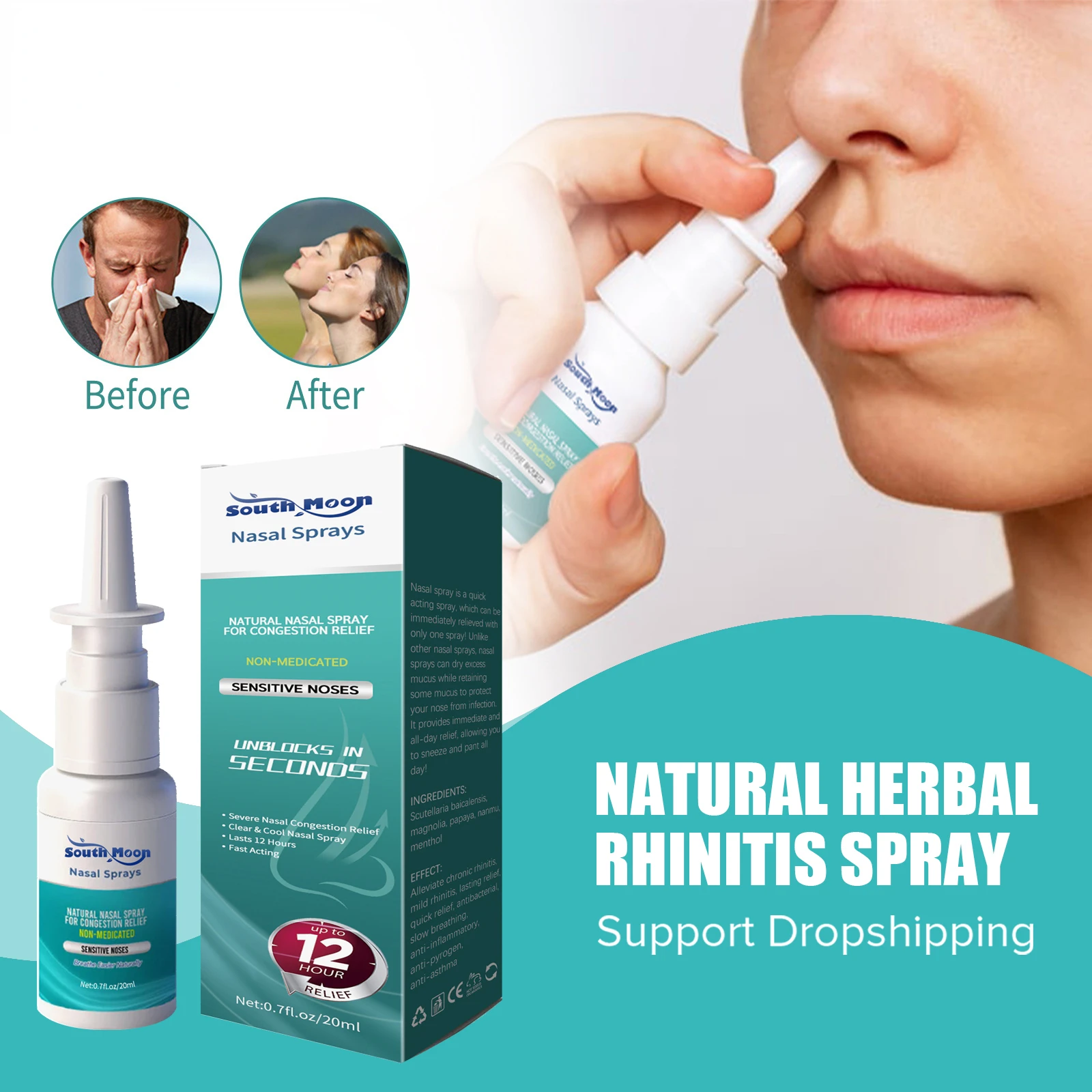 

South Moon Herb Medical Nasal Spray for Sinus Rhinitis Sinusitis Chinese Traditional Treatment Chronic Allergic Sneeze Nose Care