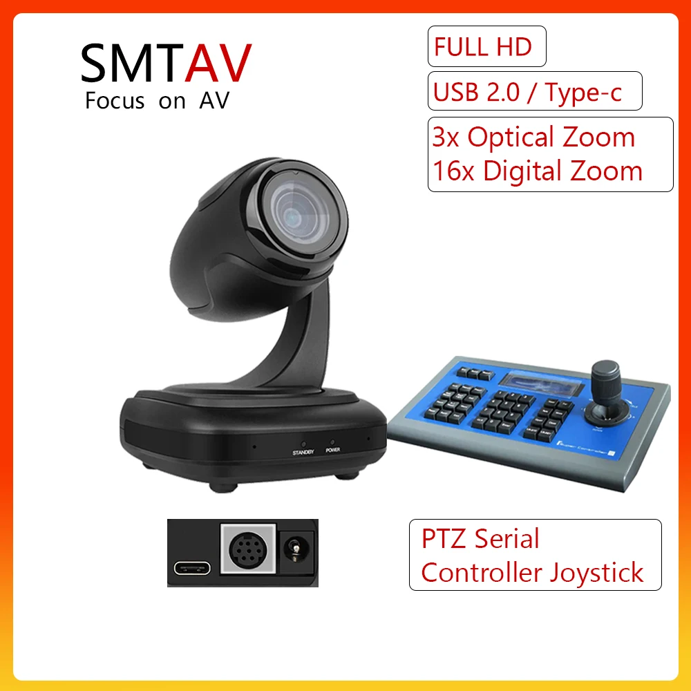 SMTAV USB2.0 Camera 1080P 3X Optical Zoom 16x Digital Zoom Live Streaming Camera And PTZ Serial Controller Joystick Broadcast