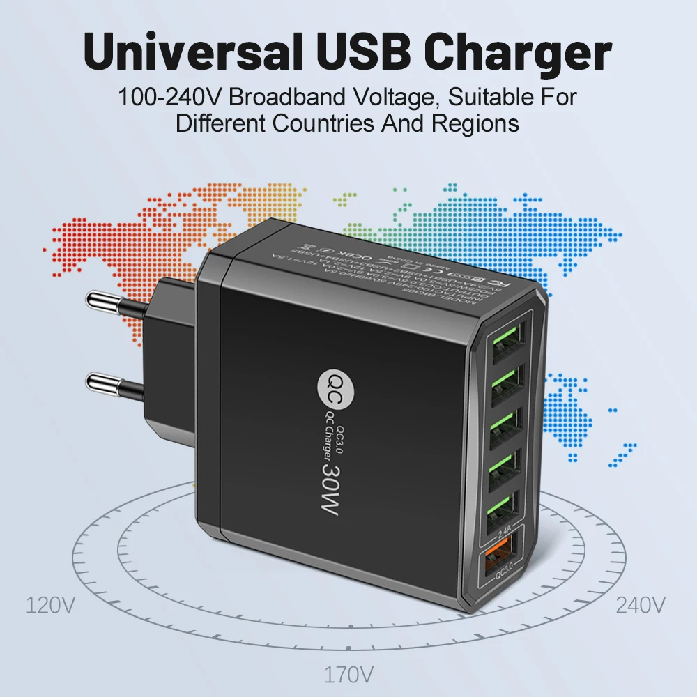 6Port USB Wall Charger EU/US/UK/KR Plug 30W Fast Charging Quick Charge QC3.0 For iPhone Samsung Xiaomi Oppo Mobile Phone Adapter