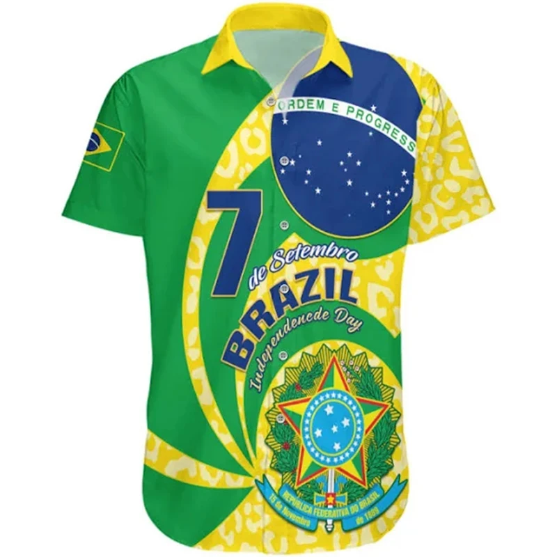 thumbnail image 1 of Camisetas gráficas con la bandera de Brasil impresas en 3D para hombre, camiseta informal con emblema nacional brasileño, manga corta, hawaiana, blusa con solapa para hombre, 1 of 5