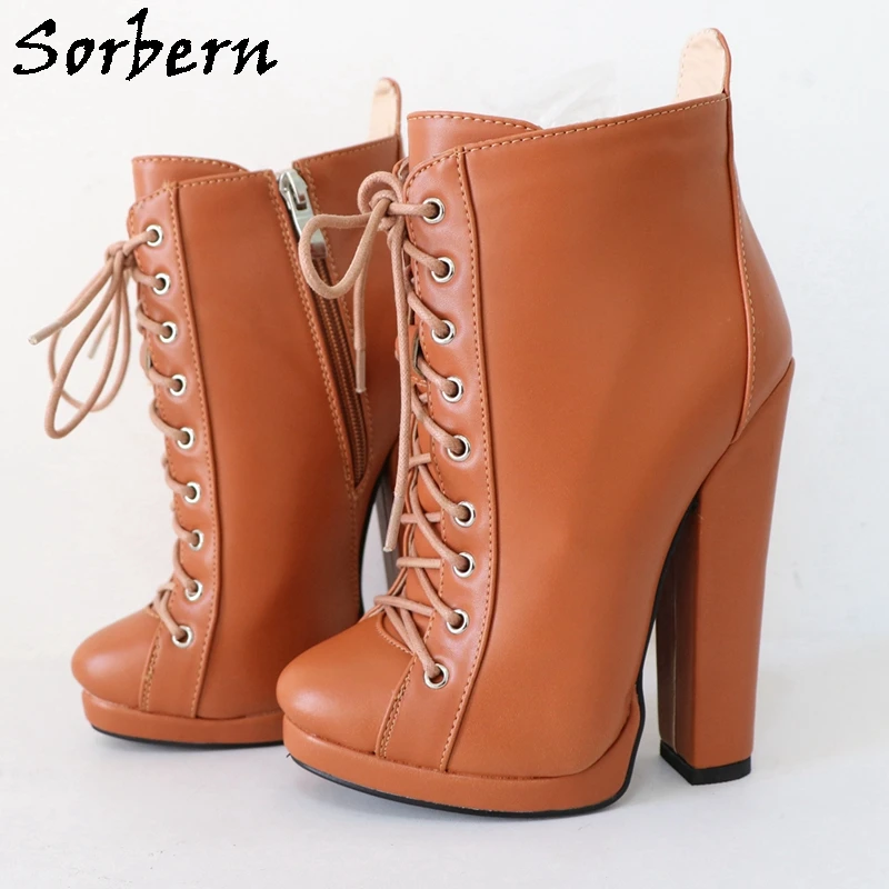 Sorbern 여성용 다크 브라운 앵클 부츠, 레이스업 얇은 플랫폼 블록 하이힐, 따뜻한 플러시 숏 부츠, 맞춤형 33-48, 겨울 스타일