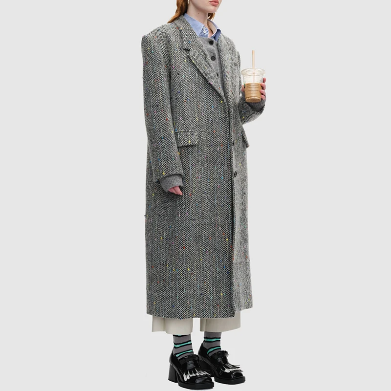 

Classic large silhouette single-breasted wool coat autumn and winter temperament commuter herringbone pattern single coat female