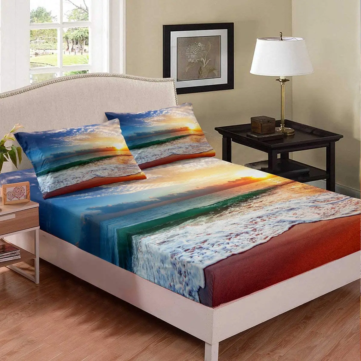

Комплект постельного белья для мальчиков и девочек, натяжная простыня с рисунком океана и заката, тема «Природа», в гавайском стиле