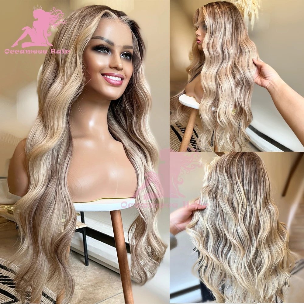 Highlight Lace Front Human Hair Wig Brown Ash Blonde  Natural Wave HD Transparent Lace Brazilian Remy Dark Root Full Lace Wigs yms 1b 4 27 highlight wig brazilian body wave wig lace front human hair wigs honey blonde ombre lace front wig remy hair