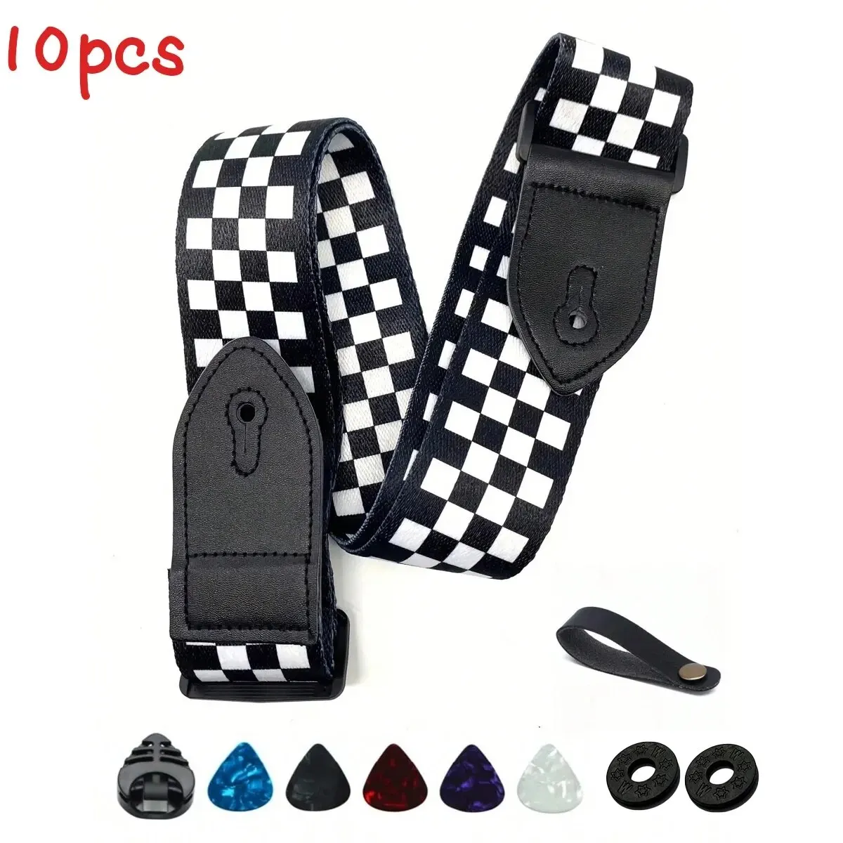 Black and White Checkered Adjustable Guitar Strap Set with Picks