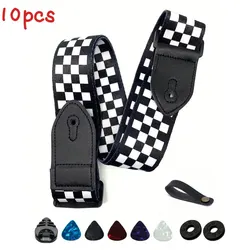 Black and White Checkered Adjustable Guitar Strap Set with Picks (Checkerboard Strap)