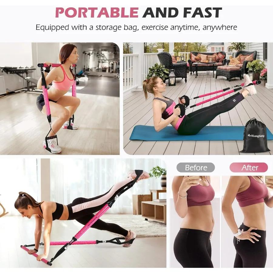 Upgraded Pilates Bar Kit with Resistance Bands Made from Natural Latex for Women Men HeavyDuty Stainless Steel Multifunctional