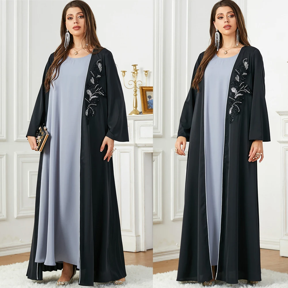 

Saudi Arab Casual Loose Black Floral Beading Draped Open Kimono Abaya Jalabiya Moroccan Turkish Borka Women Clothing Eid Ramadan