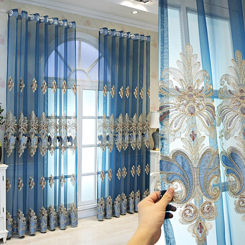 Een evenement buitenste Artistiek Royal Blue Geborduurde Sheer Gordijnen Voor Woonkamer Luxe Delicate Ontwerp  Franse Erker Behandeling Gaas|Gordijnen| - AliExpress