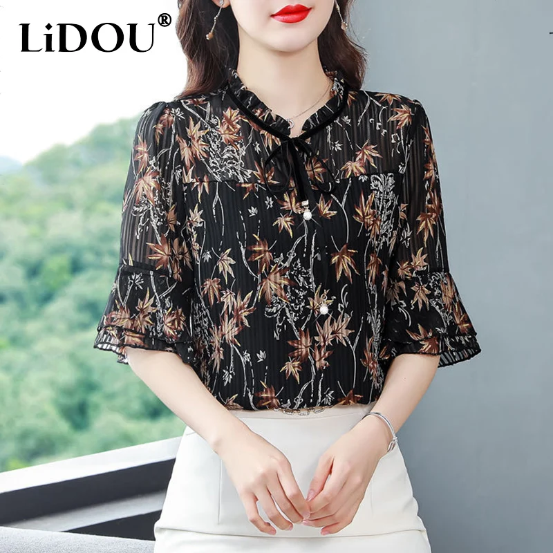 

Summer New Elegant Fashion Print Chiffon Blouse Female Casual Loose Half Sleeve All Match Lady Shirt Aesthetic Pullover Femme