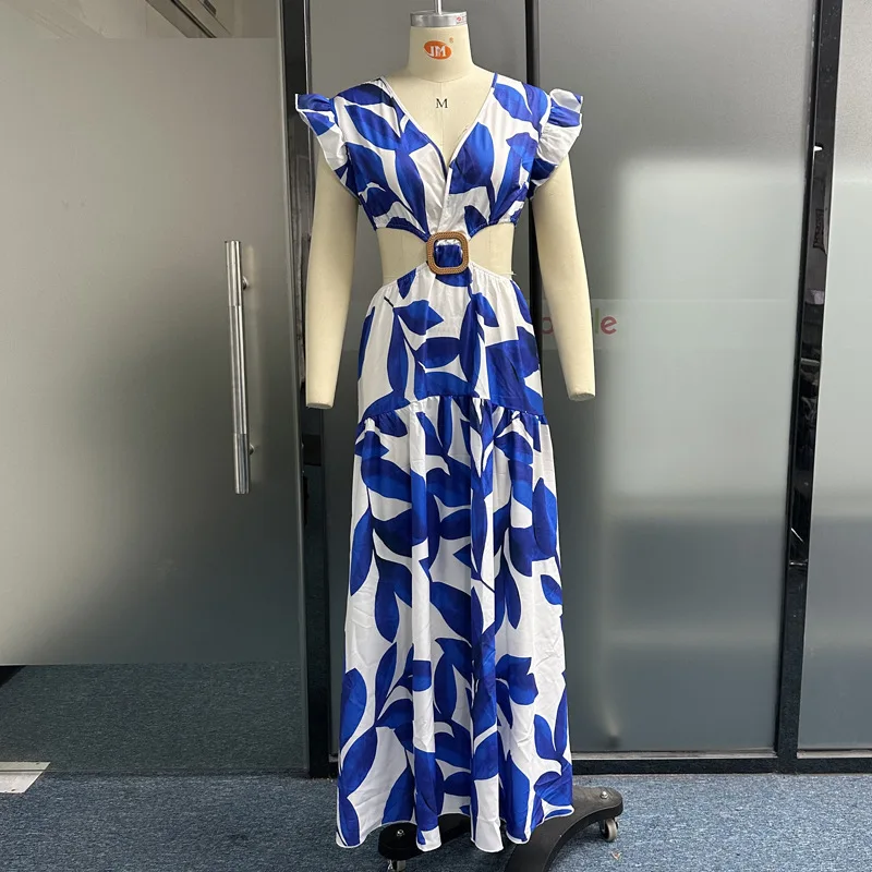 Vestido longo de manga folhada com decote em v estampado feminino