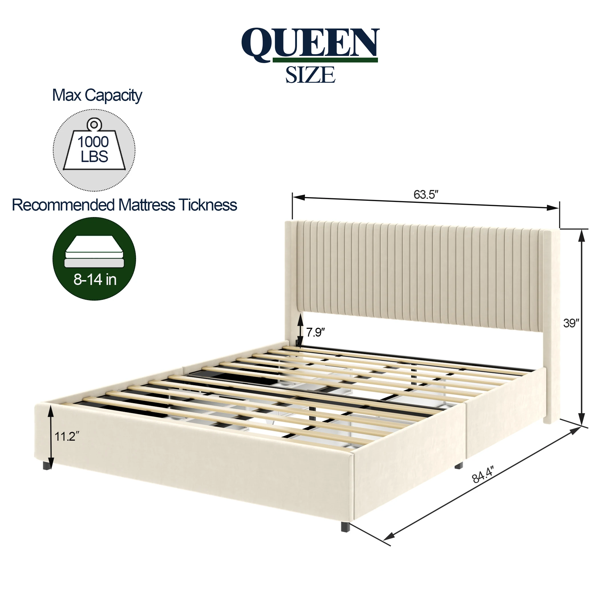 Anna Queen Size Ivory Velvet Upholstered Wingback Platform Bed W/Patented 4 Drawers Modern Design Headboard&Tight Channel[US-W]