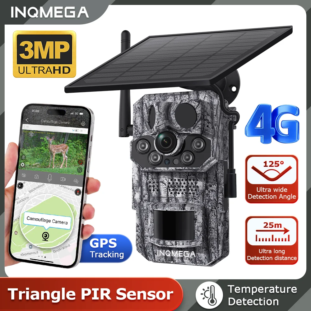 Surveillance Camera INQMEGA 3MP 4G Hunting Trail Camera Outdoor Solar Camera Outdoor Wildlife Surveillance Night Vision Security CCTV