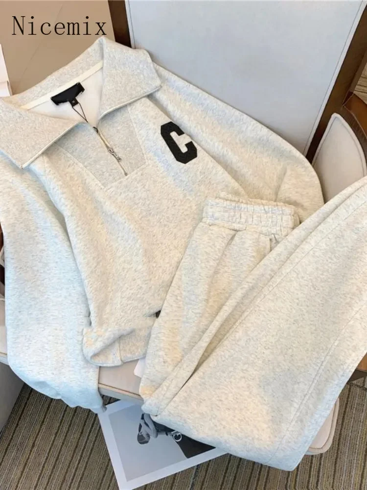

Velvet Thickened Lapel Sweatshirt Suit Unisex Autumn Winter New Oversize Long Sleeve Shirt + Casual Sweatpants Leggings 2pcs Set