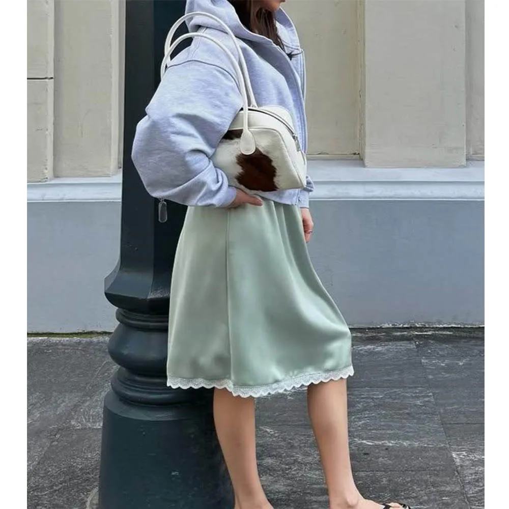 Women Vintage Fashion Satin Lace Trim Patchwork Midi Skirts High Waist Elegant 90s Vintage A-line Skirt Y2k Clothing Streetwear 3