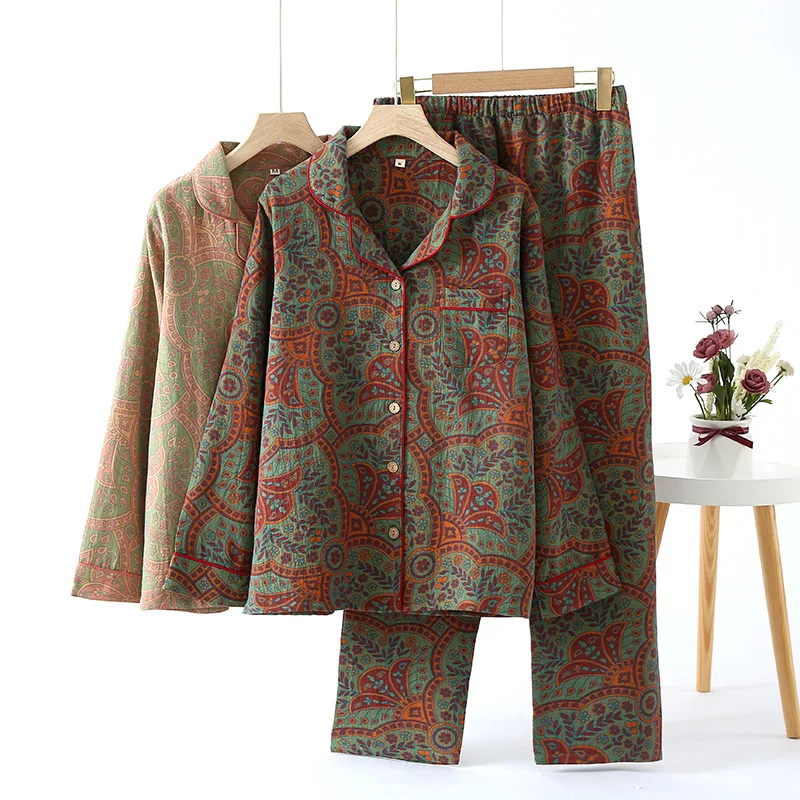 Ethnic Style Print Pajamas for Women 2 Pieces Outfit Loungewear Night Clothes Spring Autumn Long Sleeve Sleepwear Women's Cotton women pajamas set,women pajama suit,cotton pajamas set