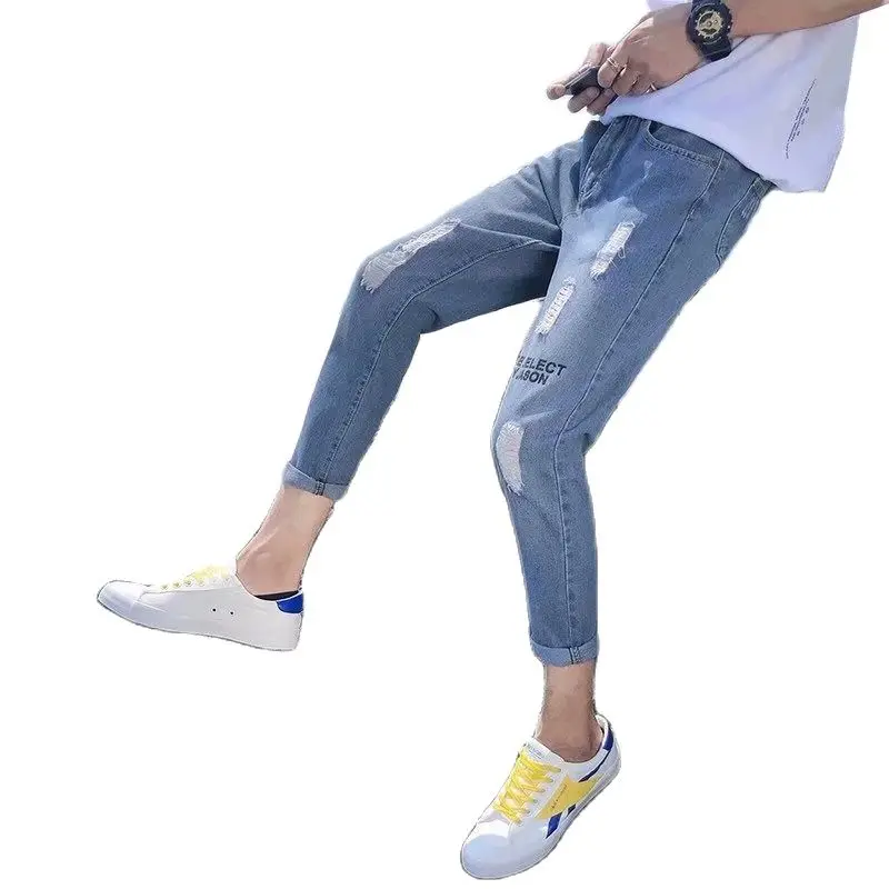 Spring Summer 2022 Fashion Casual New Style Slim Ripped Hole Jeans Male Students Korean Trend Daddy Wide-legged Feet Ankle Pants