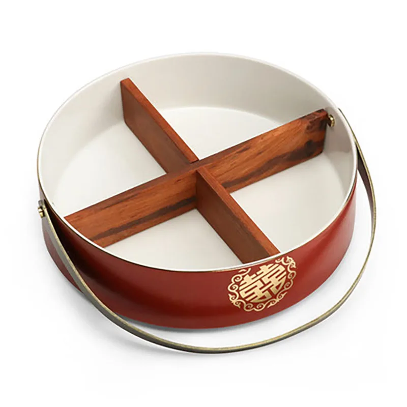 Round Ceramics Divided Serving Tray with Lids, Snack Fruit Tray, 4 Compartment, Round Storage, Lunch Food Organizer Box