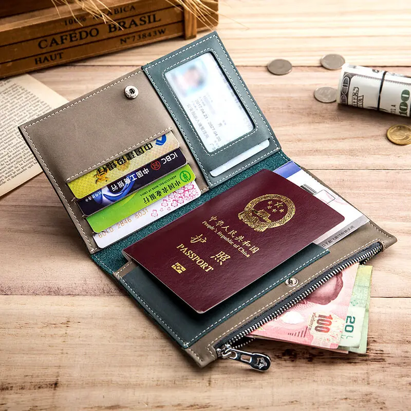 

Genuine Leather ID Holder Credit Card Passport Covers Zipper Coin Purse Multifunctional Travel Air Ticket for Men and Women