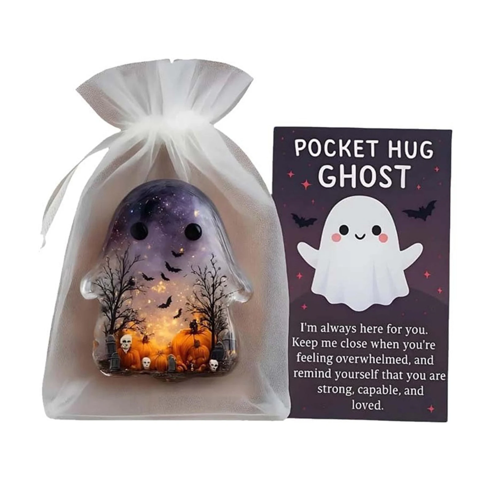 Pockets Hug Ghost Keepsake with Positive Cards Figure Sculpture Mini Charm for Halloween Christmas Loved Ones Friends