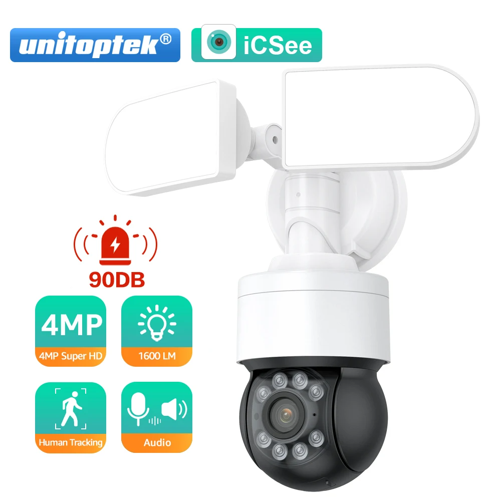 4MP AI Floodlight PTZ Security Camera Color Night Vision Human Detection Auto Tracking Outdoor 1600LM Spotlight WIFI Camera