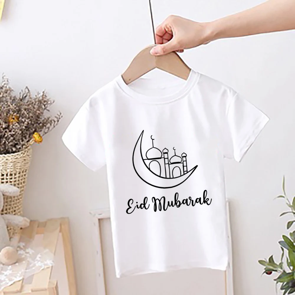 Eid Mubarak Moon Flower Printed Kids Shirts Islamic Muslim Holiday Boys Girls Short Sleeve Outfit Child Eid Ramadan T-shirt Tops 5