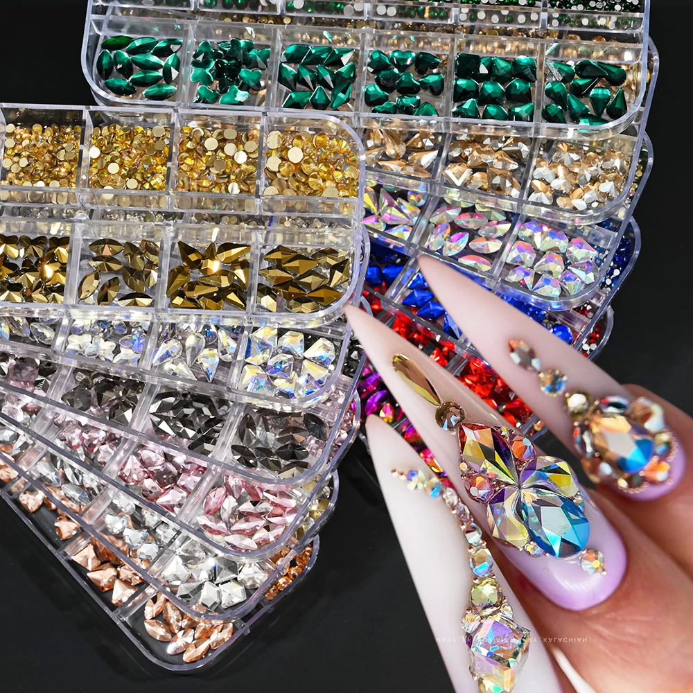 

6/12Grids 3D Crystal Nail Art Rhinestones Mixed Size Glitter Glass Nail Charms Stones Shiny Flatback Gem DIY Nail Art Decoration