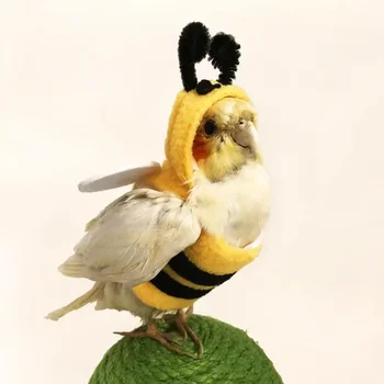 Funny Bee Shaped Birds Clothes Flying Suit Parrots Costume Cosplay Winter Warm Hat Hooded Pet Accessories for Parakeet Cockatiel 4
