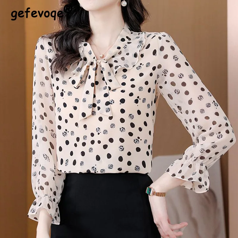 

2023 Spring Summer New Fashion Ruffle Edge Chiffon Blouse Wave Point Streamer V-Neck Bow Long Sleeve Straight Pullover Shirt