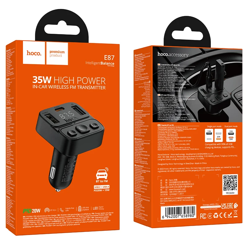 HOCO E87 35W High Power Car FM Transmitter with PD20W & 15W Fast Charging