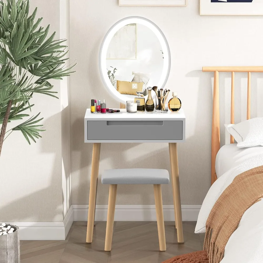 

YOURLITE Makeup Vanity Table Set with 3 Modes Adjustable Lighted Mirror Cushioned Stool, Dressing Table