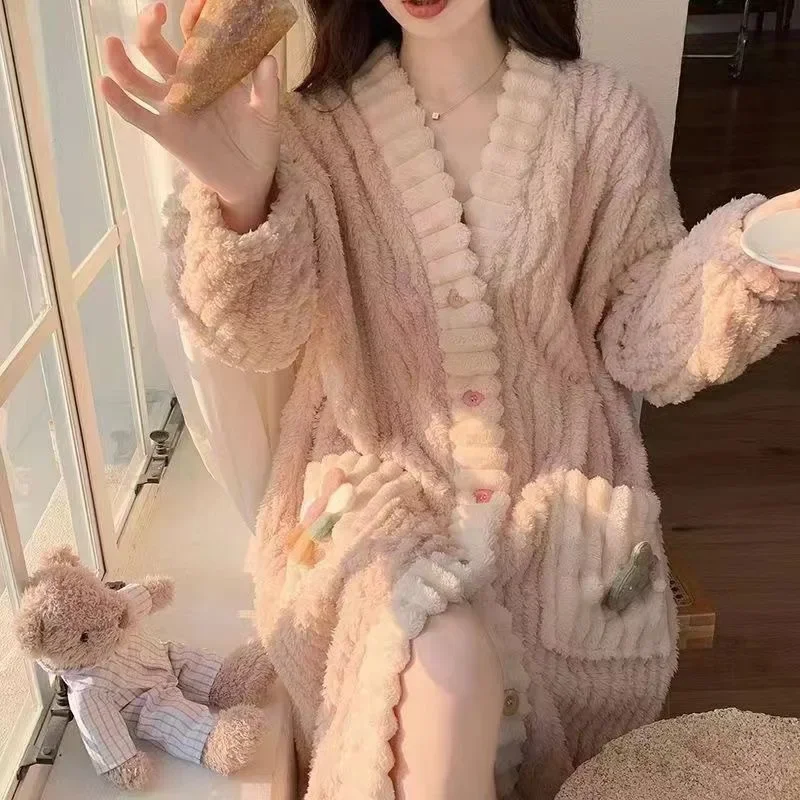 여성용 카와이 하이 퀄리티 소녀 봉제 만화 잠옷, 겨울 플란넬 잠옷, 두꺼운 패딩 나이트 로브, 홈웨어 세트, 신제품