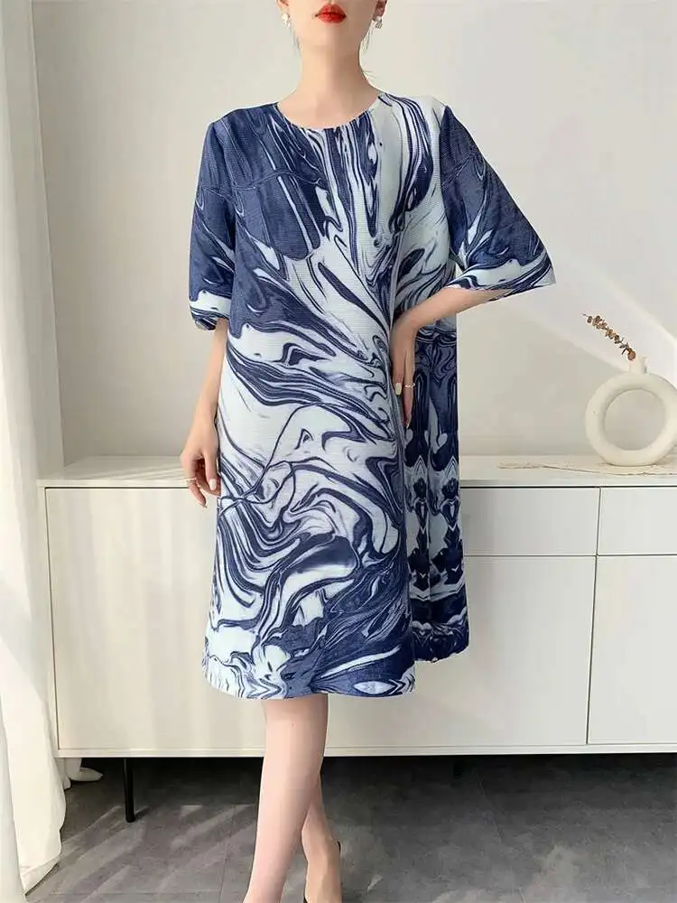 LANMREM Summer Printting Pleated Dress For Women 2025 New Loose Causal Round Collar Half Sleeve Knee Length Dresses Chic 2DB2878 - Image 6
