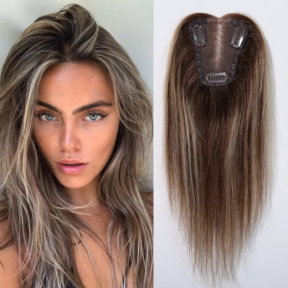 Human Hair Toppers Dark Brown Highlight Blonde Remy Human Hair Toppers Lace Base Clips in Hair Extensions for Women 12 Inches Hairpieces Remy