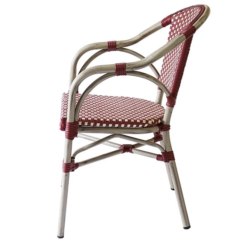 Stackable French Red Patio Cafe Wicker Dining Armchairs Furniture Outdoor Garden Aluminum Rattan Bistro Chairs