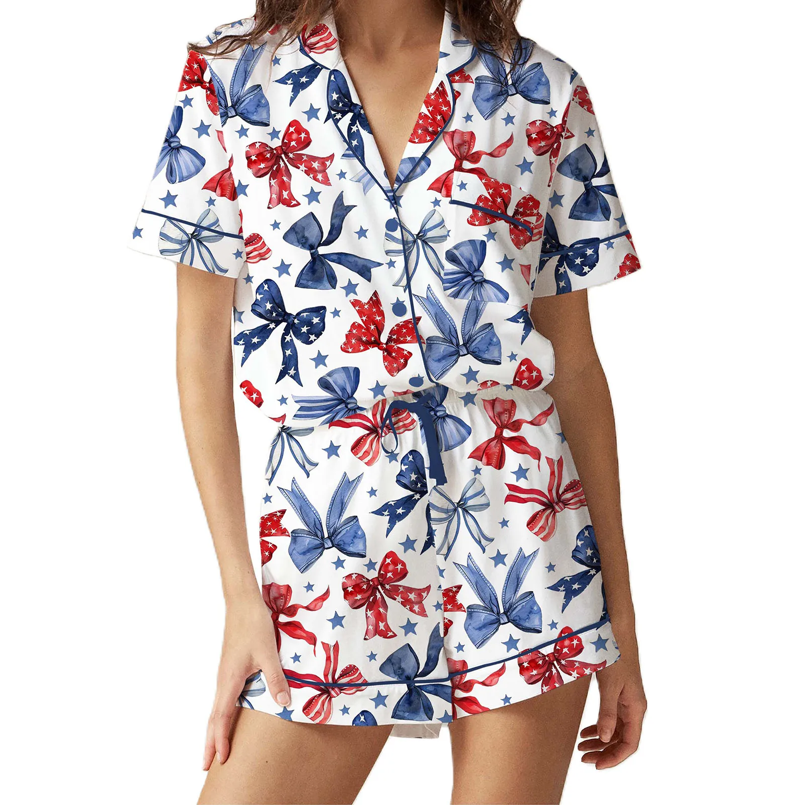 Conjunto de pijama feminino 4 de julho bandeira americana manga curta botão tops shorts de cintura elástica roupa de dormir de 2 peças 8