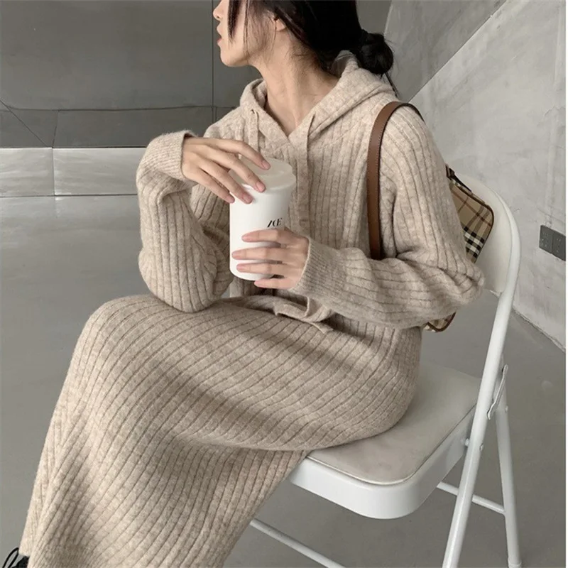 

Hooded cashmere sweater women's mid-length loose temperament dress knit sweater dress straight wool hoodie base shirt