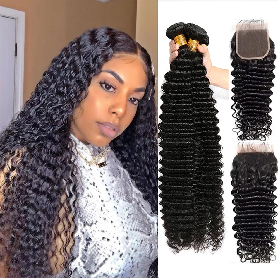 

SVT Hair Deep Curly Bundles With Closure 4Pcs/Lot 8-26" Middle Ratio Peruvian Hair Remy Human Hair Bundles With Closure