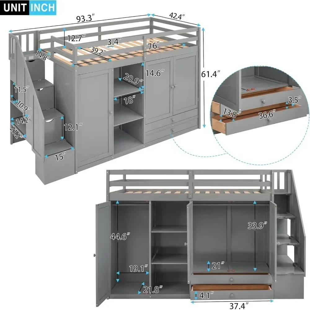 Bed Frame Functional Twin Loft Bed with Stairs 2Drawer and 3 Shelves Twin Size Loft Bed Frame with Wardrobe No Box Spring Needed 3