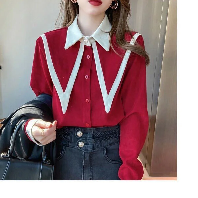 Fashion Lapel Button Spliced Sweet Shirt Commute Female Clothing 2023 Spring New Loose Casual Tops Long Sleeve Chic Blouse