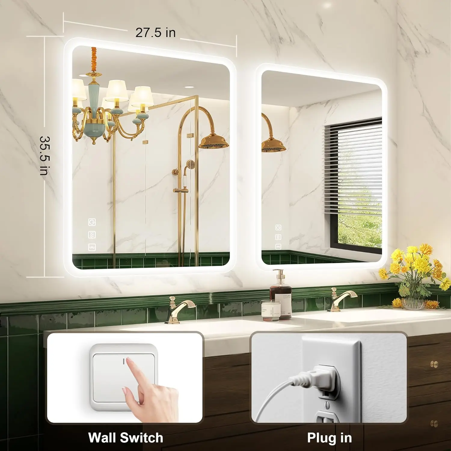 LED-Bathroom-Mirror-with-Lights, Wall-Mounted with Bluetooth Speaker