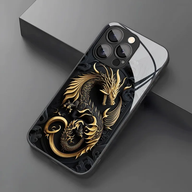 Golden Dragon Pattern Luxury Phone Case with Glass Finish