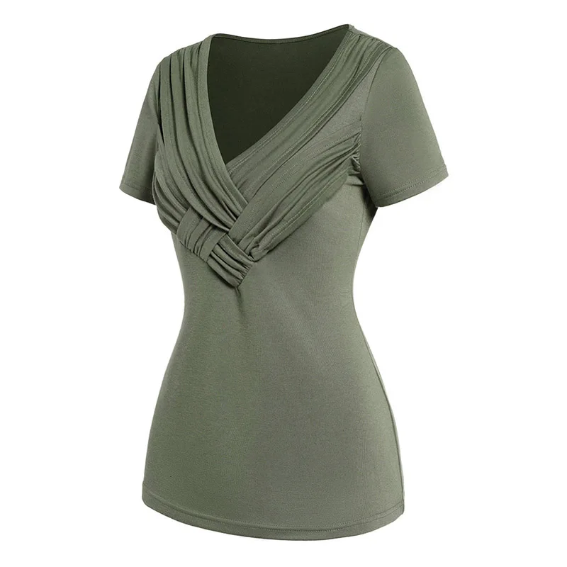 

2024 Casual Women's Tops Plain Color T Shirt Crossover Ruched V Neck Short Sleeve Casual Tee