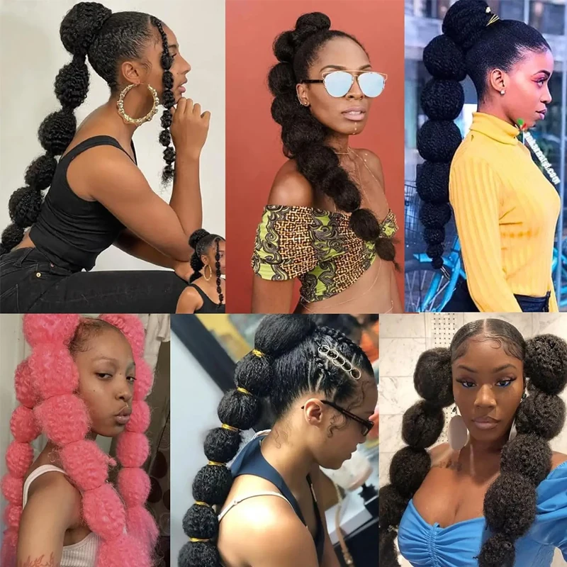 Twisted African Bubble tail Extended 22 inches Long Drawstring Ponytail, Natural Black Clip on Ponytail Suitable for Girls