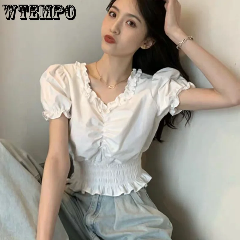 

WTEMPO V-Neck Bubble Sleeve Shirt Fashion Short Top Streetwear Style Y2K Female Clothing Vintage Summer Short Sleeve Shirt