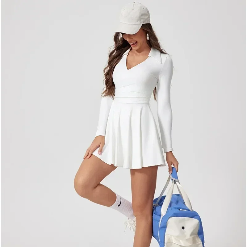 Tennis Dress One-Piece Jumpsuits Sports Fitness Golf Badminton Long-Sleeved Skorts Slim Tracksuits with Chest Pads Yoga Suits
